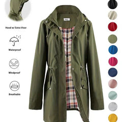 Women’s 3-in-1 jacket in olive green, hooded outer layer with plaid inner lining.