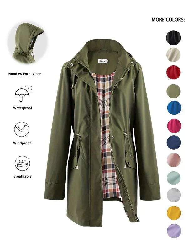 Women’s 3-in-1 jacket in olive green, hooded outer layer with plaid inner lining.