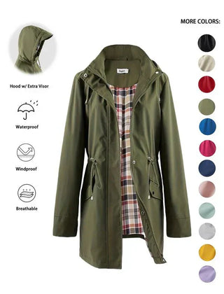 Women's 3-in-1 jacket, olive green hooded outer with plaid inner panel