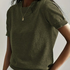 Olive green casual crew neck short sleeve top with ribbed hem and sleeve cuffs