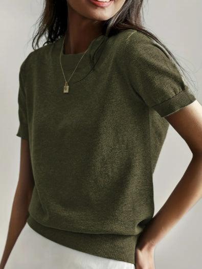 Olive green casual crew neck short sleeve top with ribbed hem and sleeve cuffs