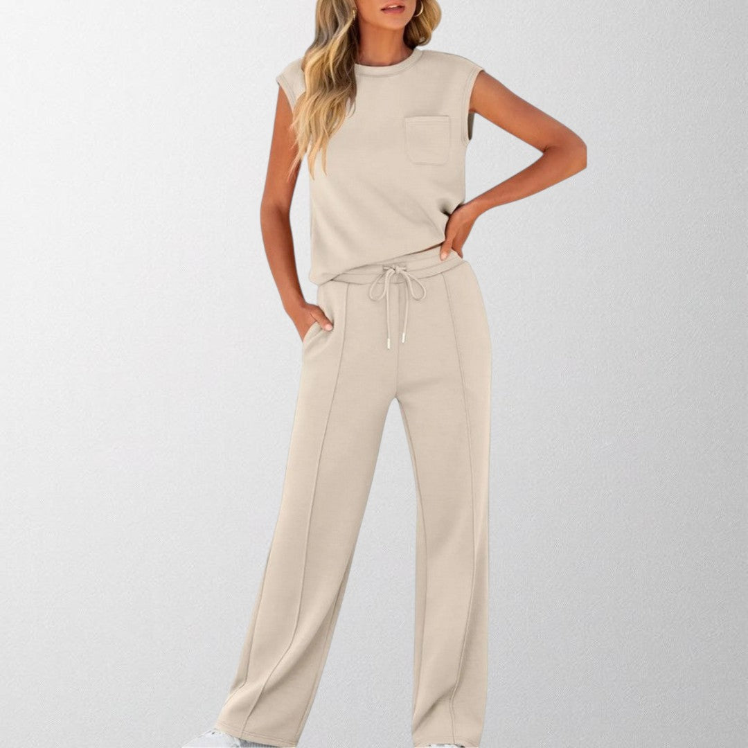 Cream sleeveless lounge co-ord set with pocket top and drawstring wide-leg pants