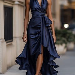 Navy satin wrap maxi dress with draped V-neck and ruffle-trimmed side slit hem
