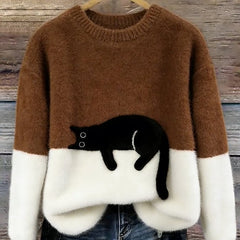 Brown and white cat print sweatshirt with long sleeves and crew neck