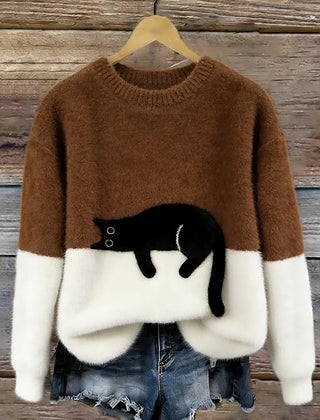 Brown and white cat print sweatshirt with long sleeves and crew neck