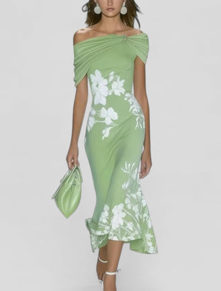 Green off-shoulder midi dress with draped neckline and white floral print