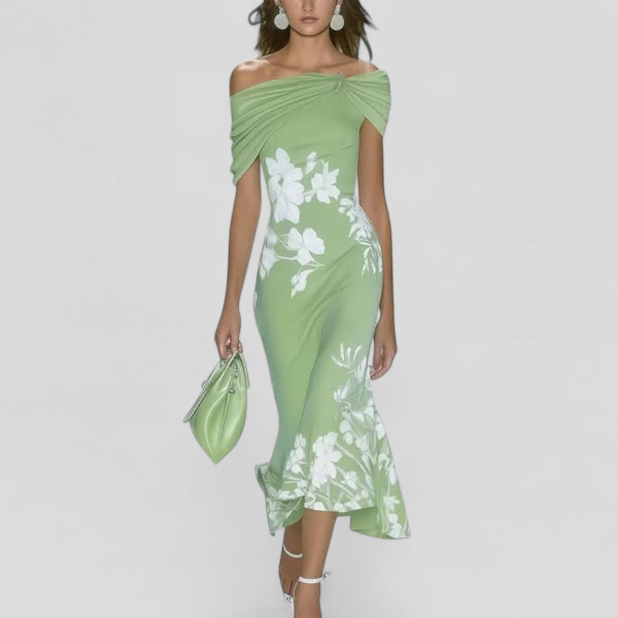 Green off-shoulder midi dress with draped neckline and white floral print