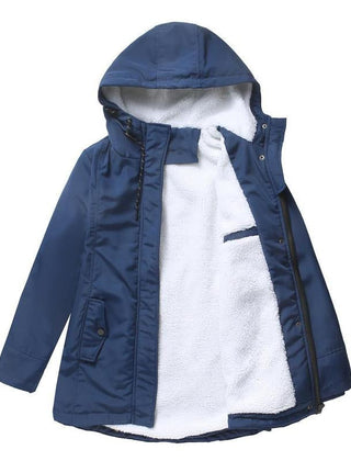 Thick winter coat with hood, navy blue outer shell, sherpa-lined front with zipper