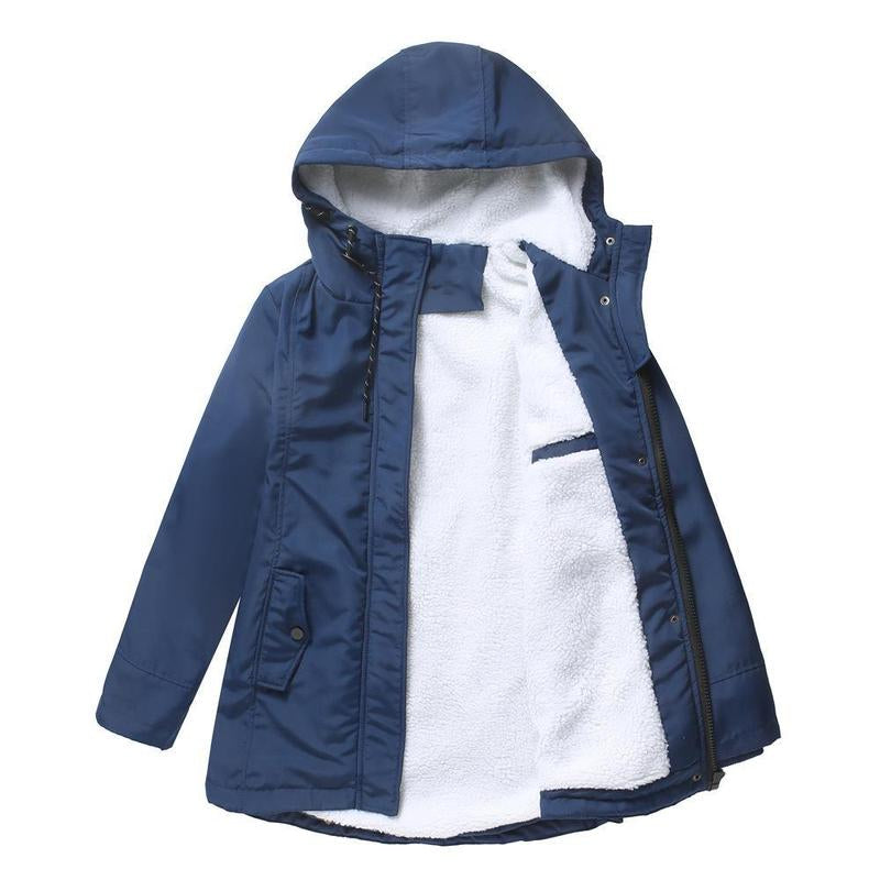 Thick winter coat with hood, navy blue outer shell, sherpa-lined front with zipper