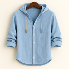 Light blue hooded shirt jacket with front button placket and drawstring hood ties