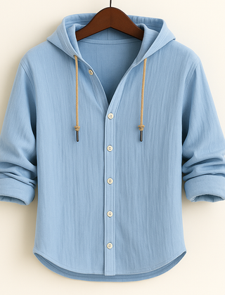 Light blue hooded shirt jacket with front button placket and drawstring hood ties