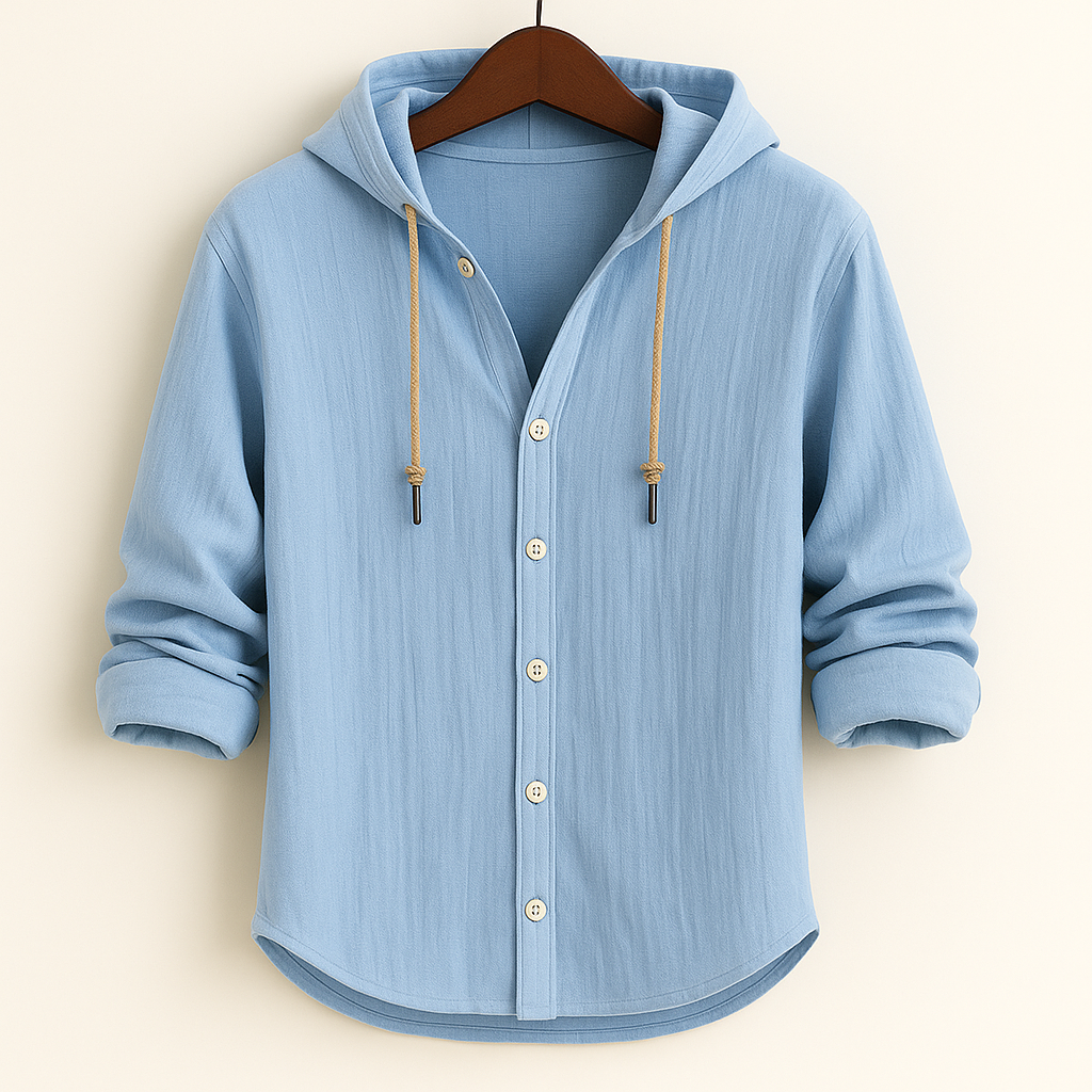 Light blue hooded shirt jacket with front button placket and drawstring hood ties