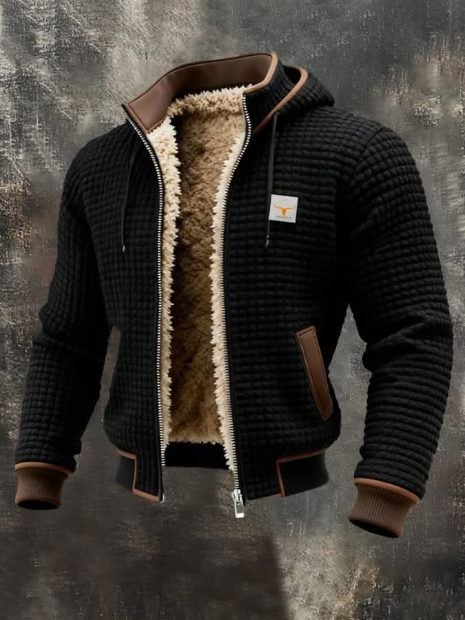 Black quilted fleece lined zip-front jacket with tan sherpa collar and brown pocket trim