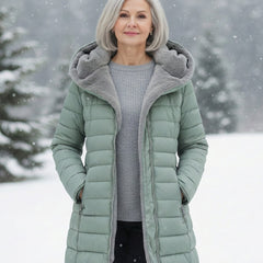 Light green fleece-lined hooded puffer coat with front zipper and interior fleece collar