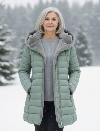 Light green fleece-lined hooded puffer coat with front zipper and interior fleece collar