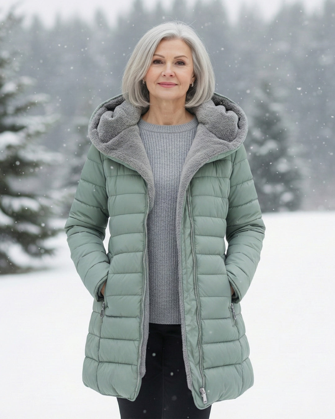 Light green fleece-lined hooded puffer coat with front zipper and interior fleece collar