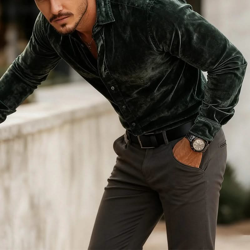 Dark green velvet button-up shirt with long sleeves and spread collar