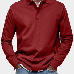 Men's long-sleeve polo shirt in red, button placket and ribbed cuffs