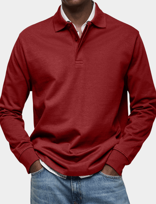 Men's long-sleeve polo shirt in red, button placket and ribbed cuffs