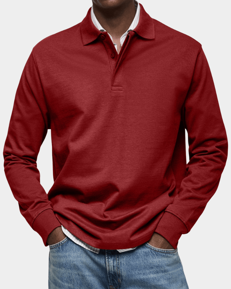 Men's long-sleeve polo shirt in red, button placket and ribbed cuffs