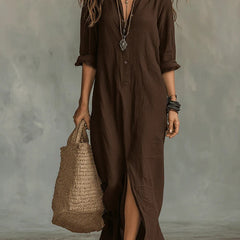 Coffee brown button-front maxi dress with V-neck, three-quarter sleeves, and side slit