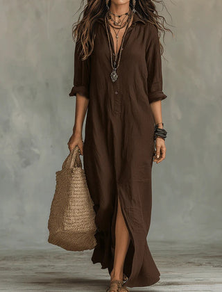 Coffee brown button-front maxi dress with V-neck, three-quarter sleeves, and side slit