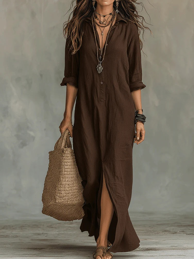 Coffee brown button-front maxi dress with V-neck, three-quarter sleeves, and side slit