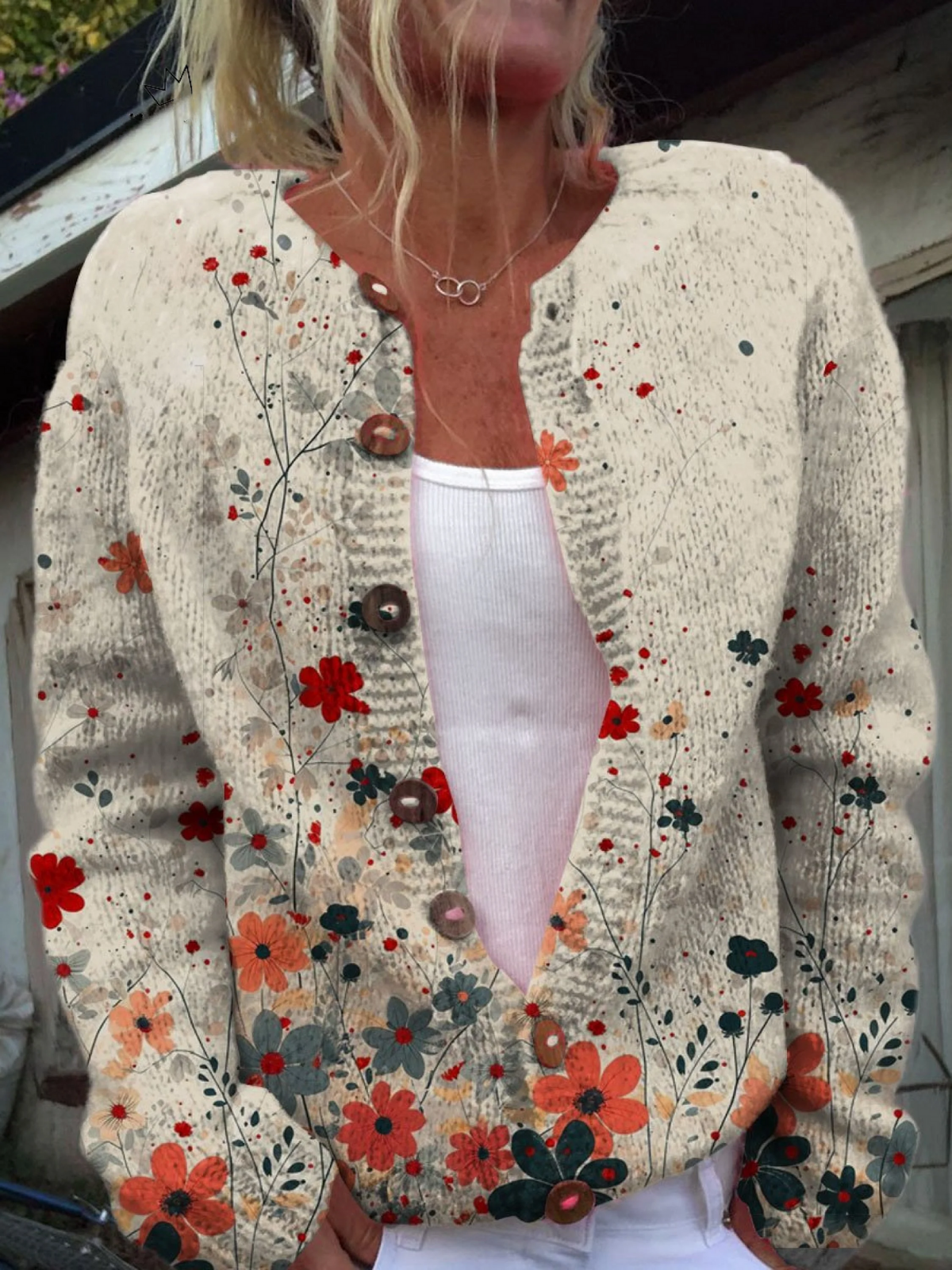 Meliora™ women's vintage knit cardigan with floral print and button front