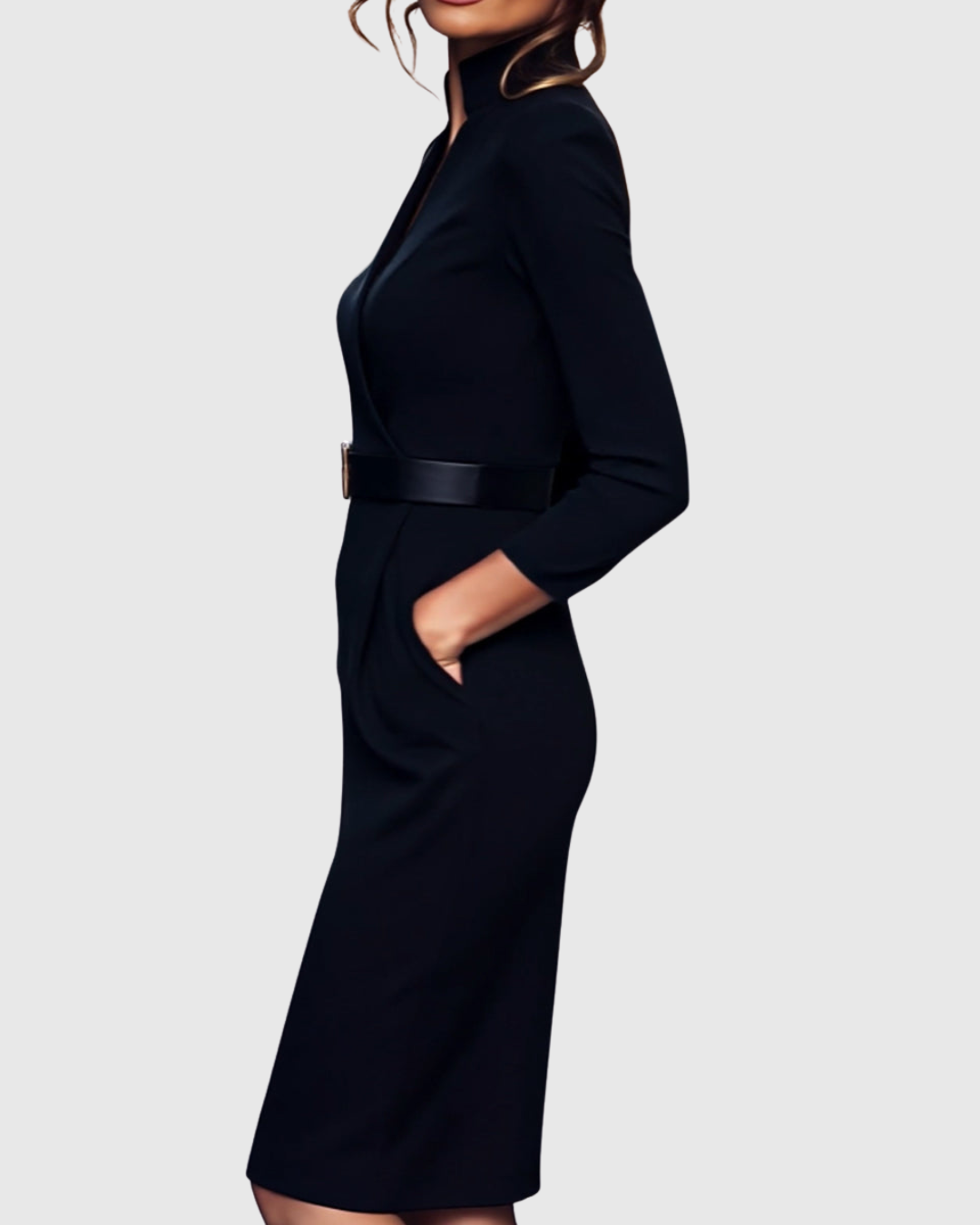 Black fitted midi dress with V-neck, long sleeves, and waist belt with square gold buckle.