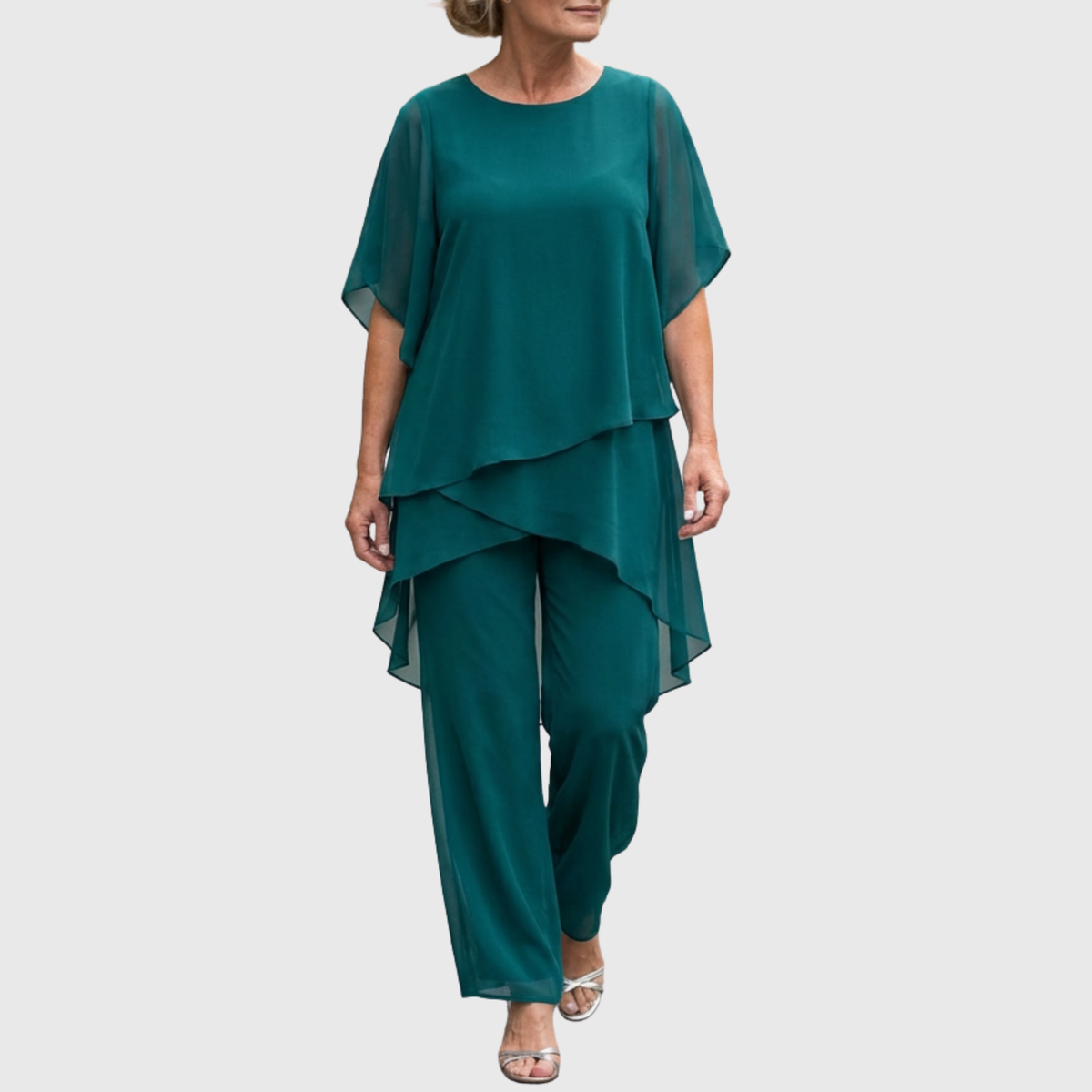 Elara elegant palazzo set in teal green: layered blouse with relaxed wide-leg trousers