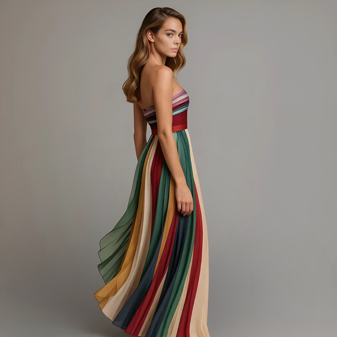 Strapless pleated maxi dress with flowing multicolor striped skirt, side view