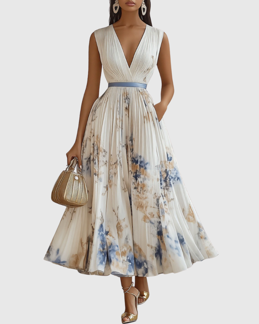 White pleated maxi dress with V-neck, floral print and gathered waist, sleeveless.