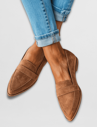 Soft suede loafers, tan/brown slip-on style with double strap detail