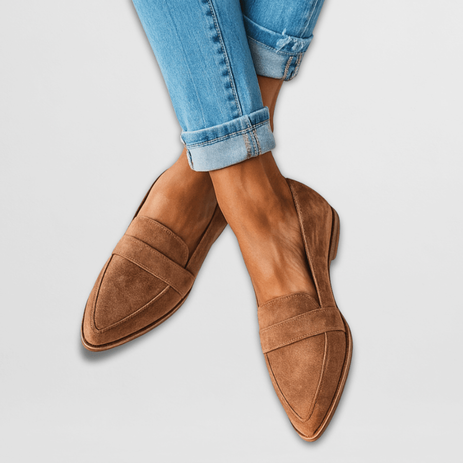 Soft suede loafers, tan/brown slip-on style with double strap detail