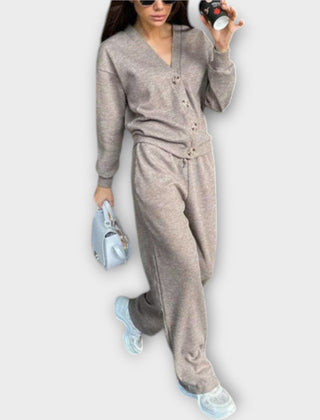 Grey cardigan and drawstring trouser set with button front, relaxed fit.