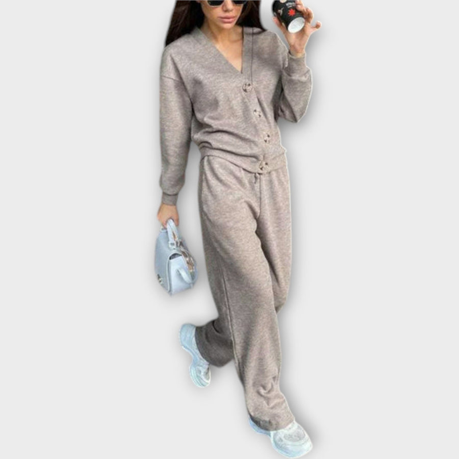 Grey cardigan and drawstring trouser set with button front, relaxed fit.