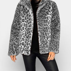 Long leopard print faux-fur coat in gray and black, open front, soft plush collar