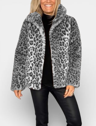 Long leopard print faux-fur coat in gray and black, open front, soft plush collar