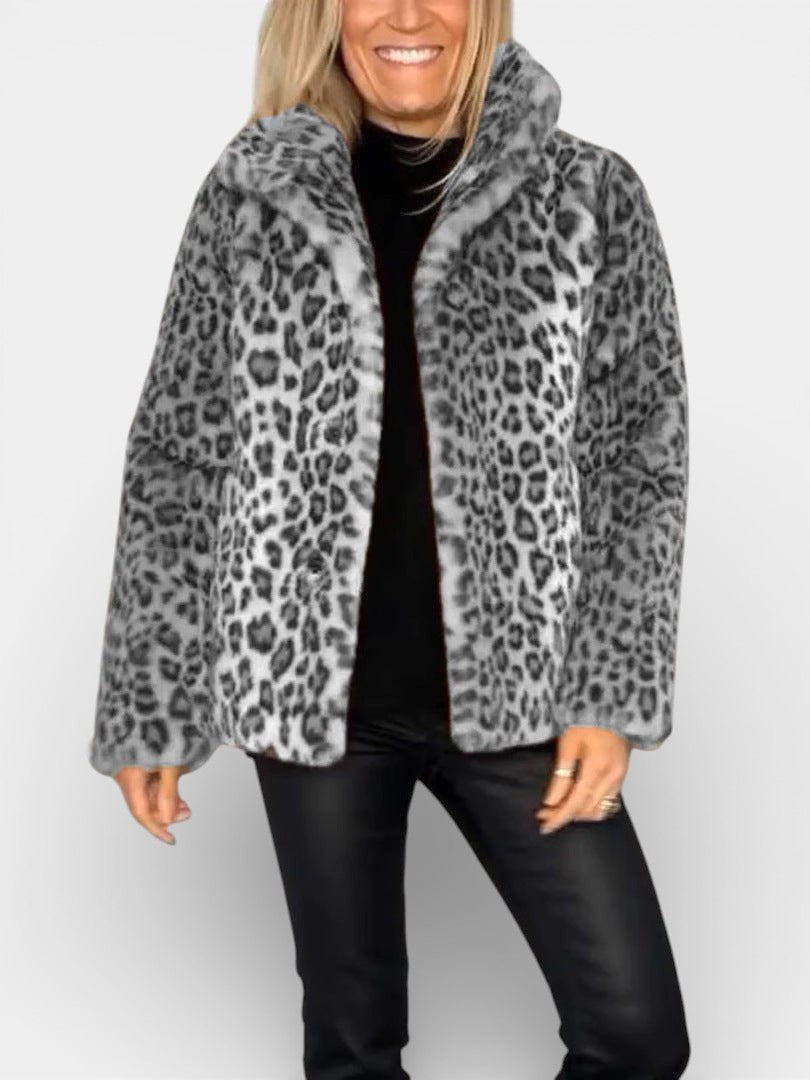 Long leopard print faux-fur coat in gray and black, open front, soft plush collar