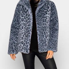 Long leopard print faux-fur coat in blue and dark blue, open front, soft plush collar