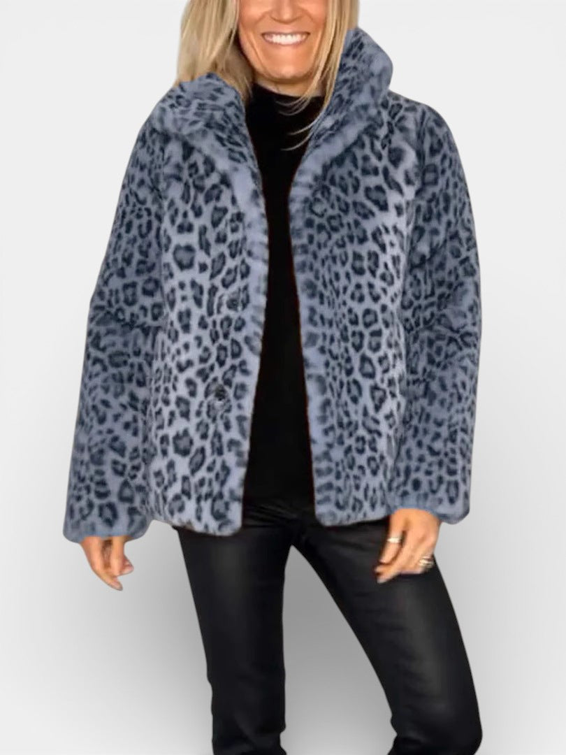 Long leopard print faux-fur coat in blue and dark blue, open front, soft plush collar