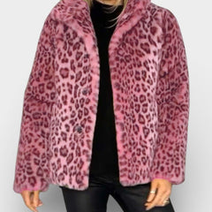 Long leopard print faux-fur coat in pink and dark pink with open front and standing collar