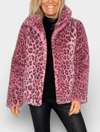 Long leopard print faux-fur coat in pink and dark pink with open front and standing collar