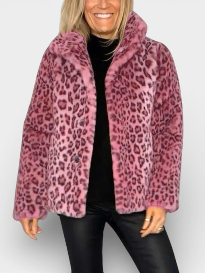 Long leopard print faux-fur coat in pink and dark pink with open front and standing collar