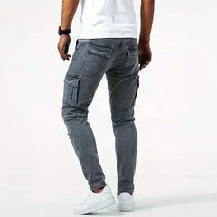 Dark grey utility jeans with cargo pockets and ankle-cuffed hem