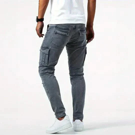Dark grey utility jeans with cargo pockets and ankle-cuffed hem