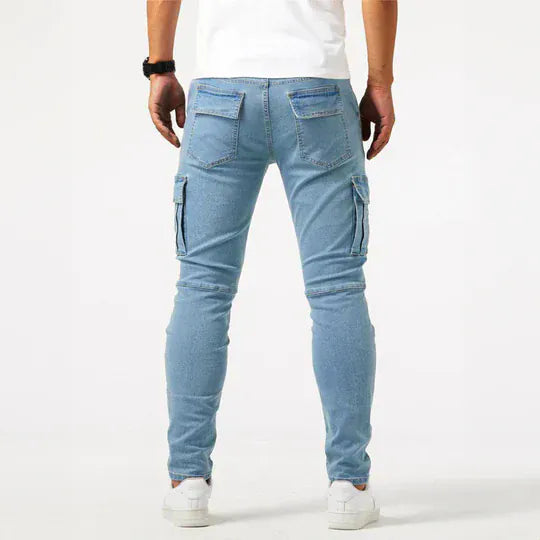 Light blue cargo jeans with side cargo pockets and tapered leg