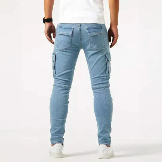 Light blue utility jeans with cargo pockets and slim tapered legs