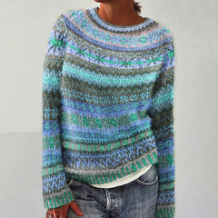 Wool crewneck sweater with multicolor retro knit stripes and long sleeves