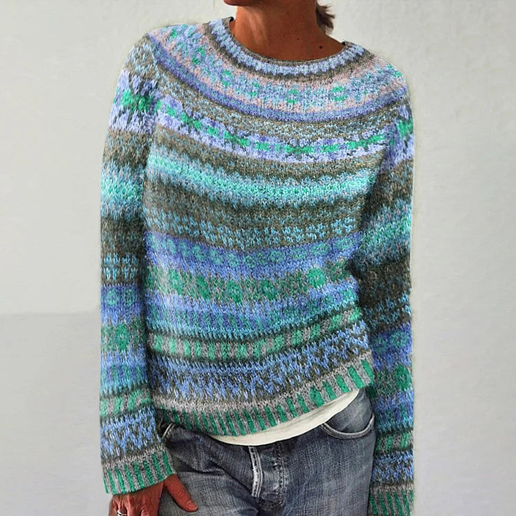 Wool crewneck sweater with multicolor retro knit stripes and long sleeves